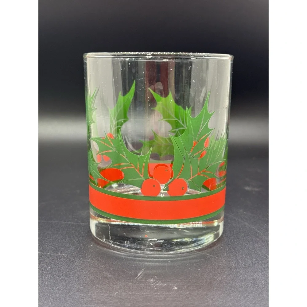 3 Libbey Holly & Berries Christmas Curved Flared Old Fashioned Glasses 10oz‎